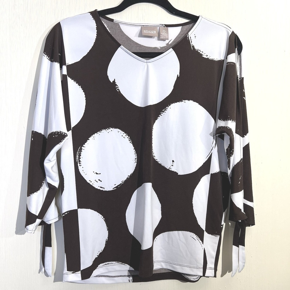 Chicos Brown White Oversized Polka Dot V-Neck 3/4 Sleeve Tie Cuff Top Size 0/S